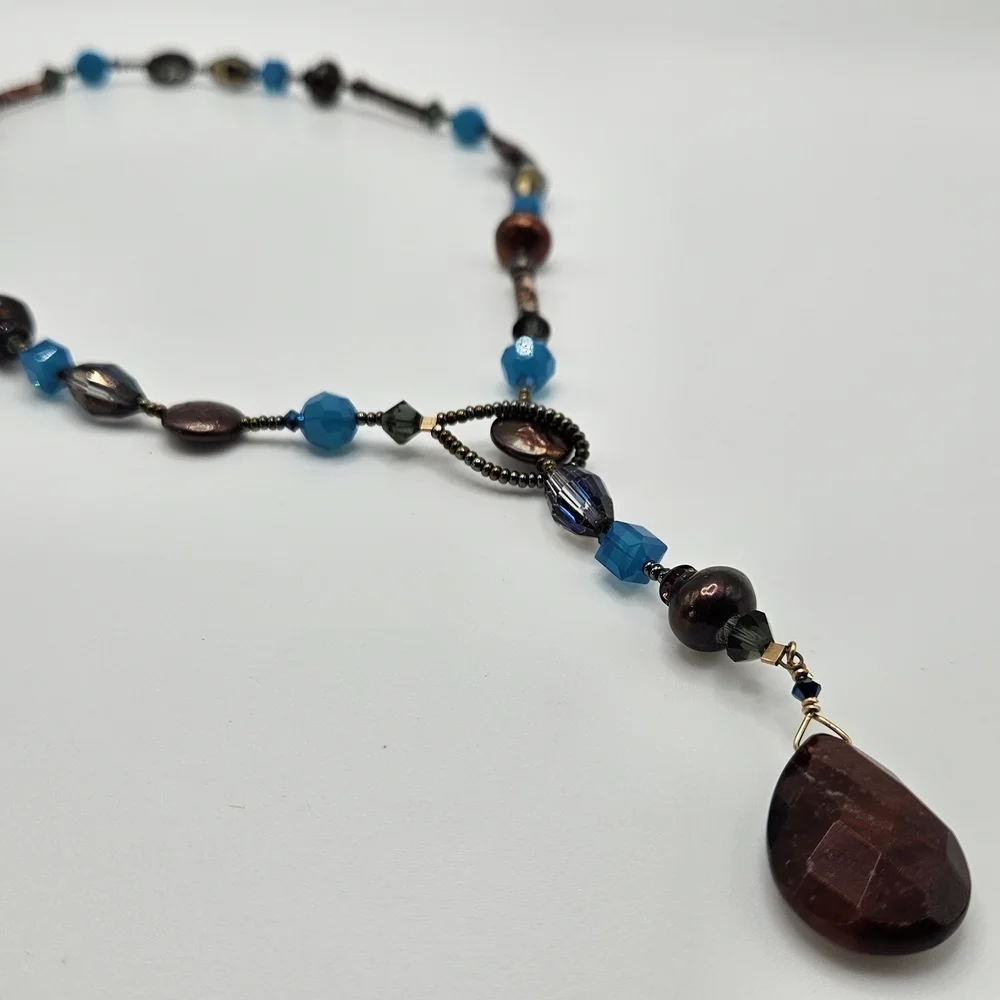 VINTAGE Blue and Brown Glass Cloisonne  Beaded Lariat Y-Drop Necklace